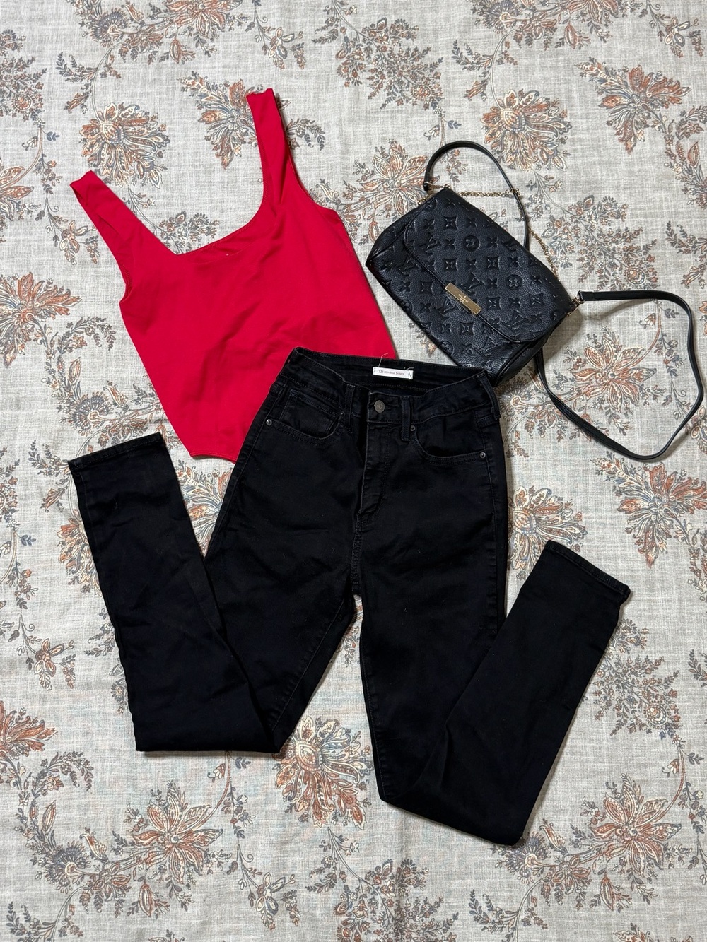 Levi's Black Skinny Jeans with Red Crop Tank